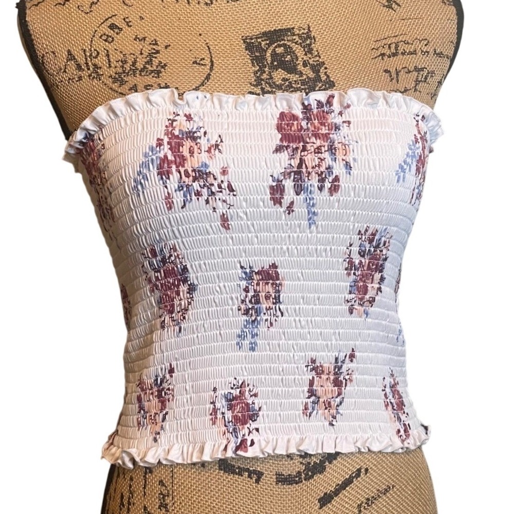 Hot Kiss Womens Summer Strapless Smocked Floral Cropped Tube Top‎ White Size XL